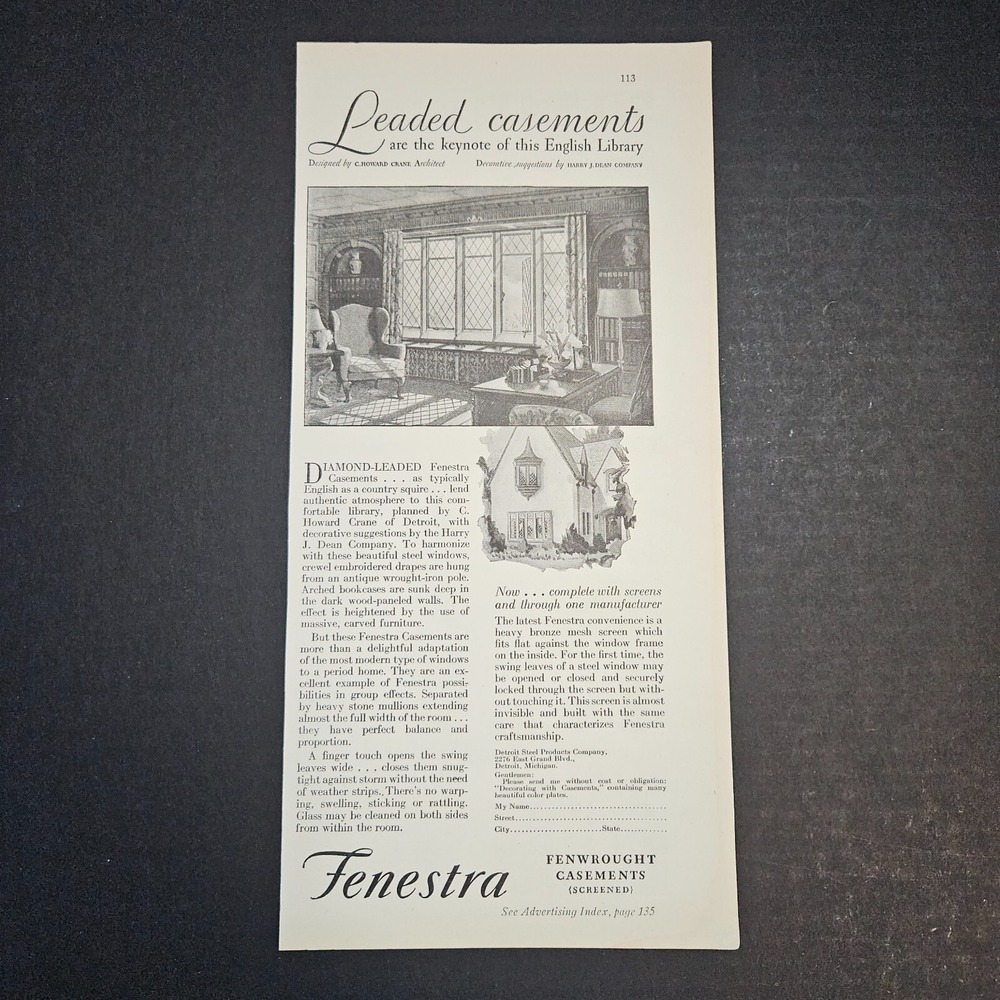 1930 Fenestra‎ Fenwrought Leaded Window Casements 2/3 Page B&W Vintage Print Ad